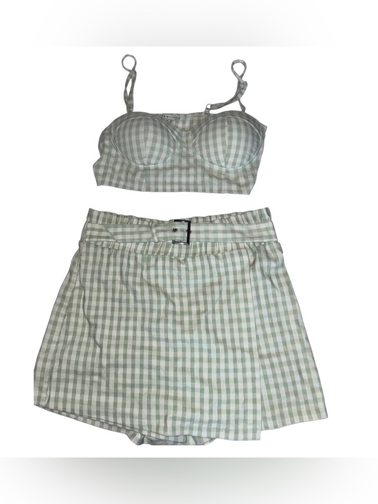 Haute Monde Dresses & Skirts - Gingham Belted Mini Skirt and bra crop top- Light Green and white